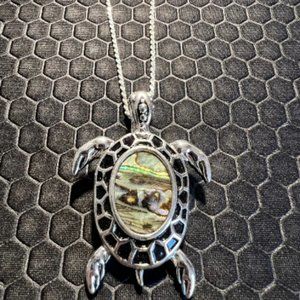 Turtle Necklace with Green Abalone Stones and Black Underlay Made of Sterling Si